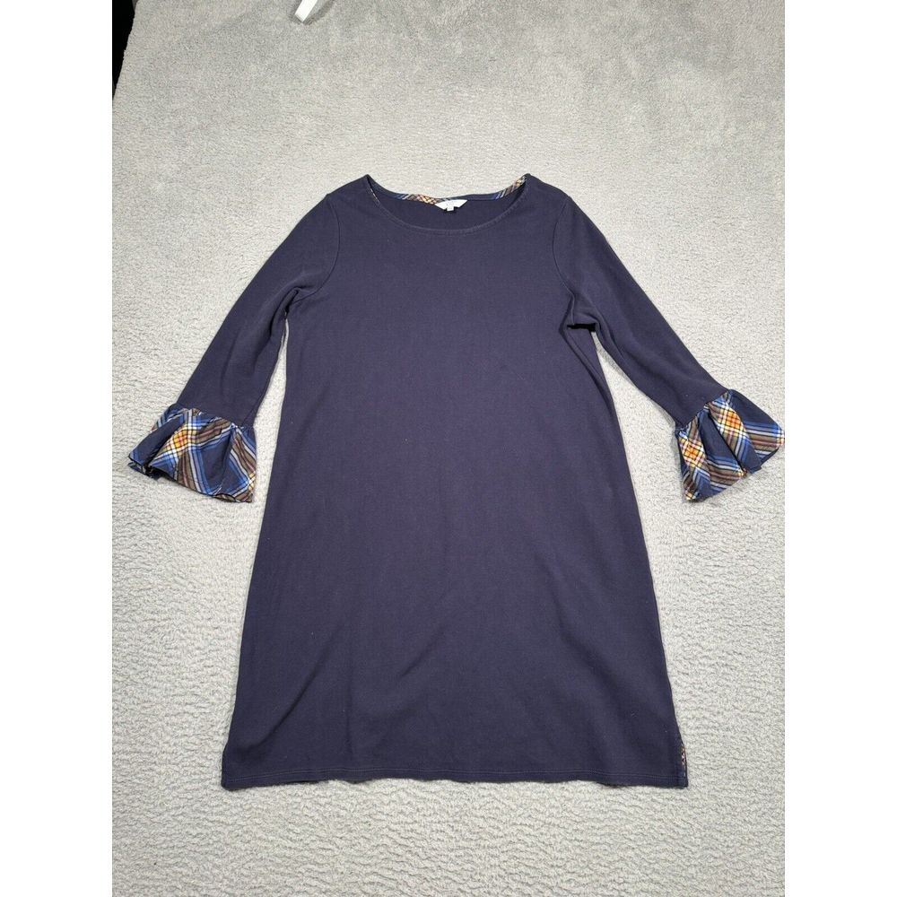 Crown & Ivy Navy Blue Dress Plaid Ruffle Sleeves‎ Knit Stretch Large L Cotton